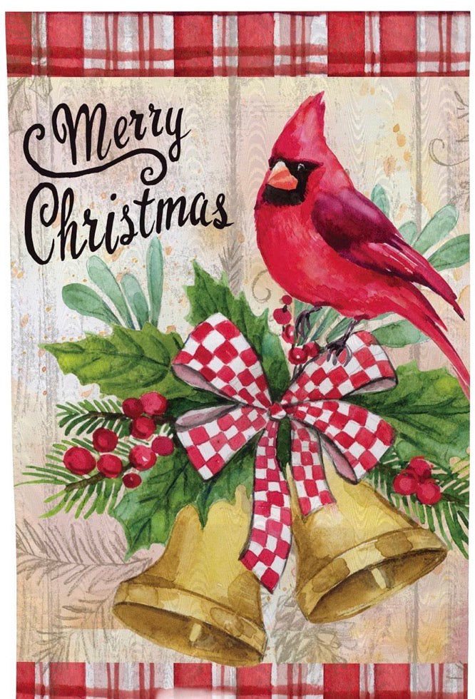 Evergreen Christmas Bells Cardinal Moire Flag, House