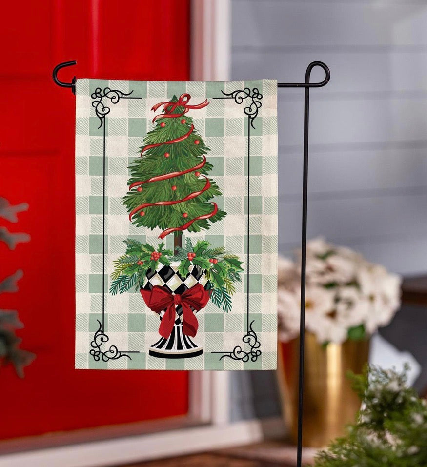 Evergreen Christmas Checkered Topiary Burlap Flag, Garden