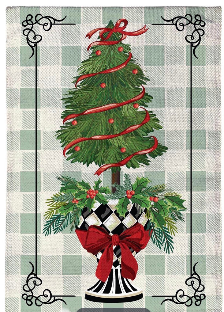 Evergreen Christmas Checkered Topiary Burlap Flag, House