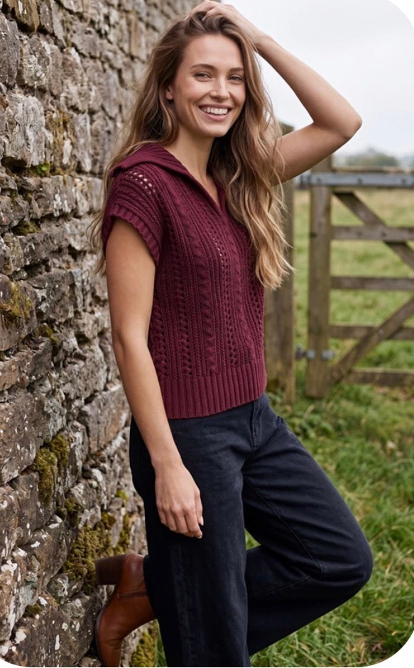 She & Sky CAP SLEEVE V NECK COLLARED POINTELLE SWEATER VEST TOP