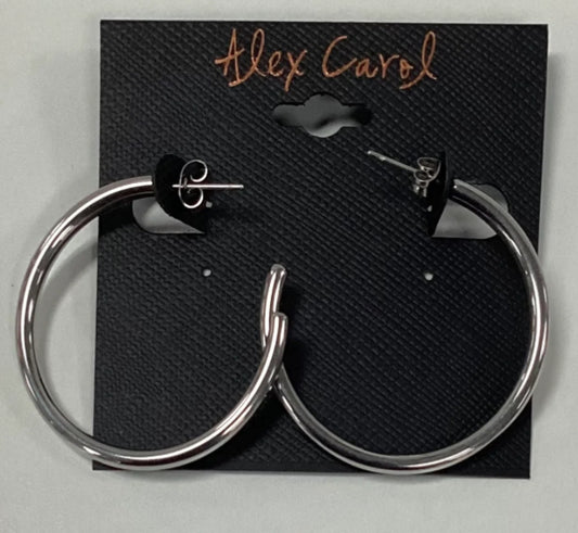 Alex Carol 50mm medium open 5mm hollow hoop silver color water resistant
