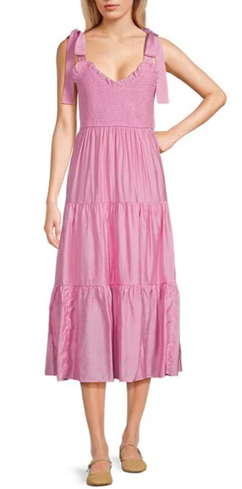 Blu pepper Sweetheart Neck Tie strap Smocked Tiered Maxi Dress Pink