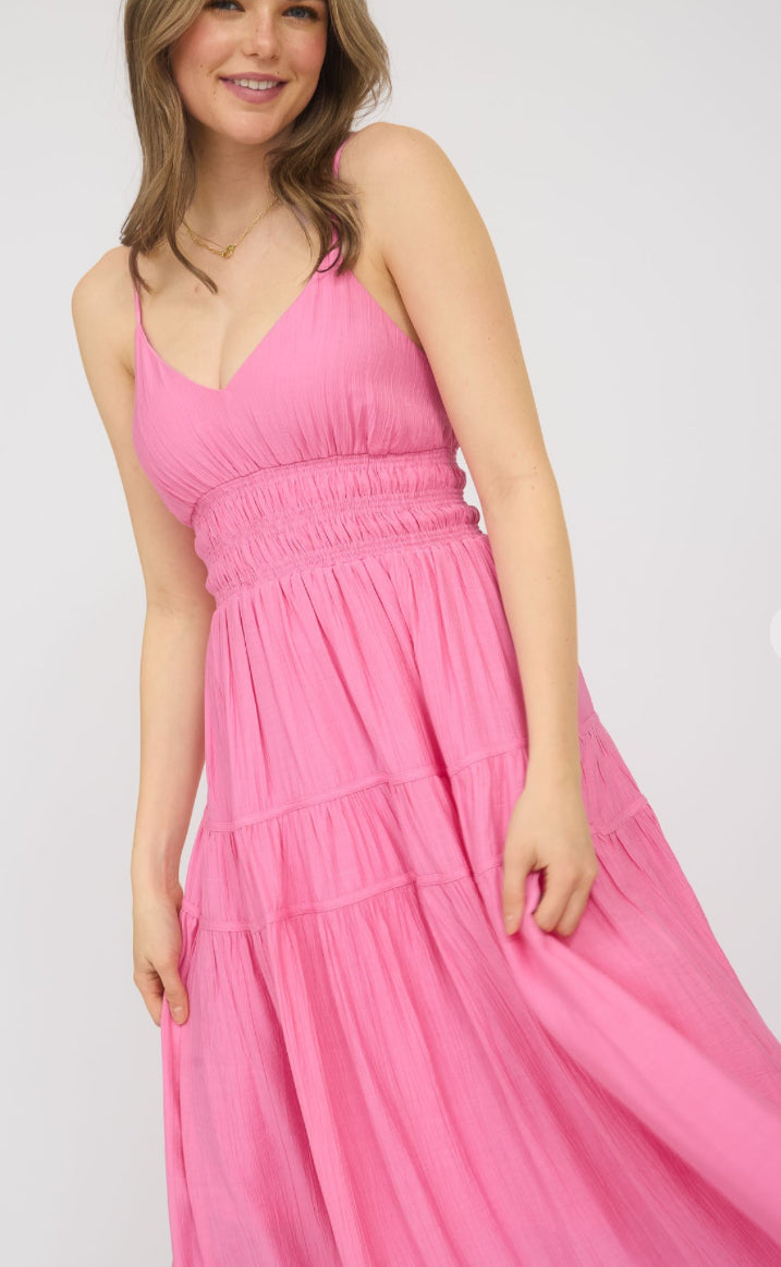 Blu Pepper V neck Shirred Waist Sleeveless MIDI Dress Pink
