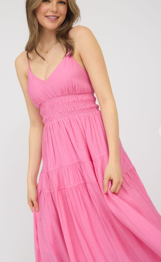 Blu Pepper V neck Shirred Waist Sleeveless MIDI Dress Pink