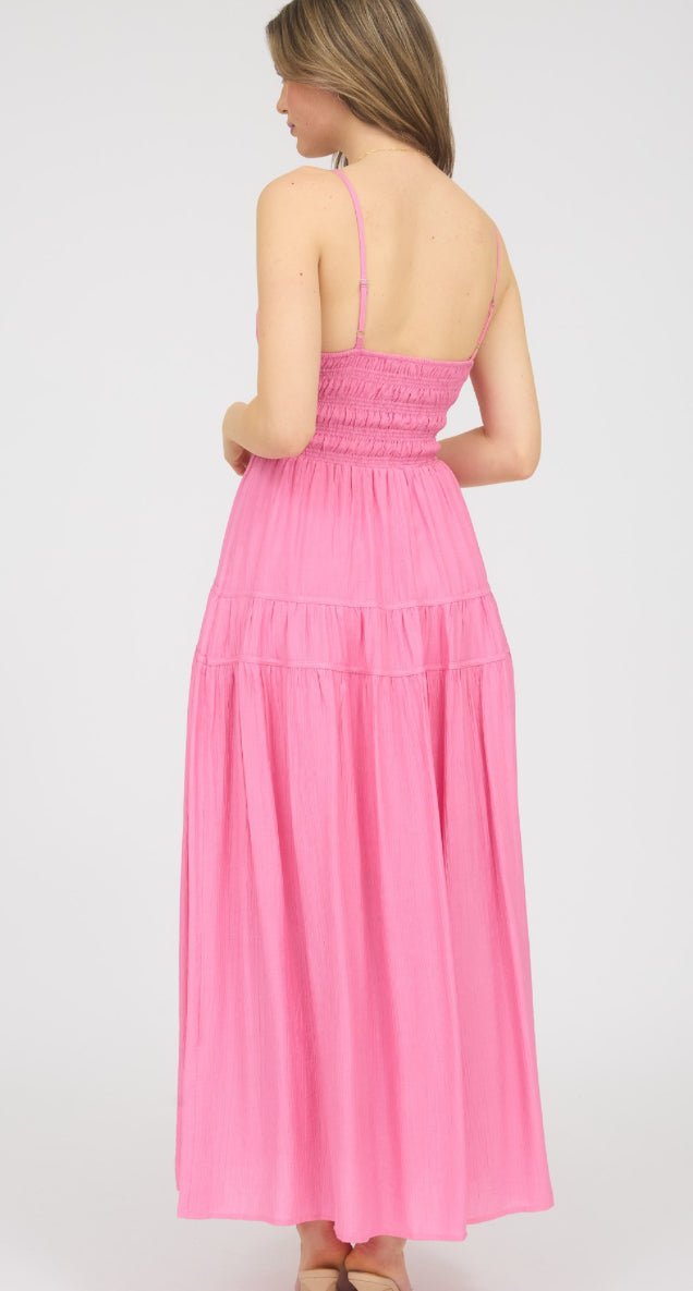 Blu Pepper V neck Shirred Waist Sleeveless MIDI Dress Pink