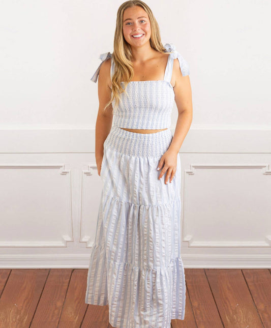 8 Oak Lane 2pc Smocked Skirt Set - Blue & White Textured Stripe