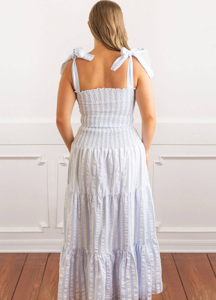 8 Oak Lane 2pc Smocked Skirt Set - Blue & White Textured Stripe