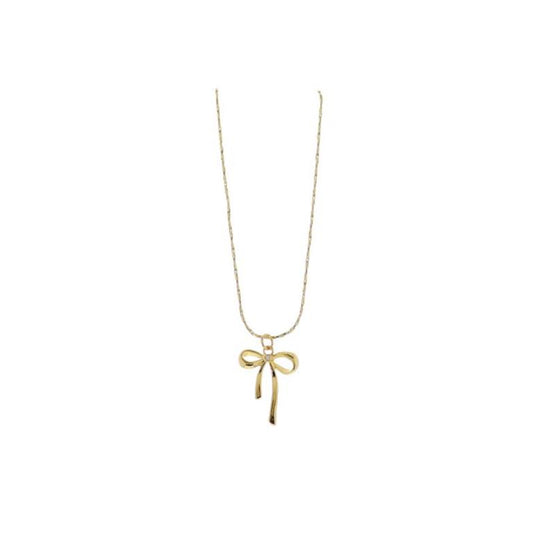 Jane Marie 18K Gold Plated Flat Wheat Chain Necklace with Gold Bow with Center Clear Crystal