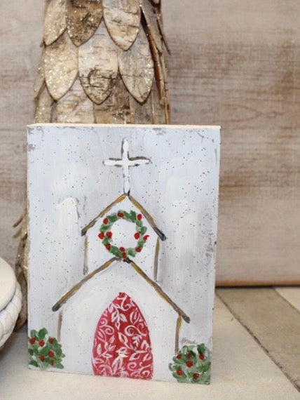 4x1x6" Hand Embellished Table Art, Church, Gold Glitter