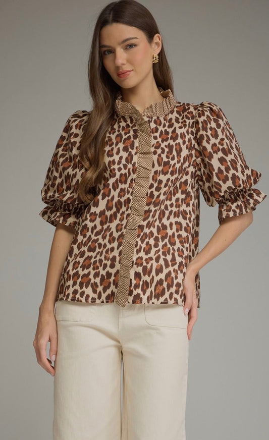 Entro Leopard print puff sleeve top featuring ruffle trim band collar