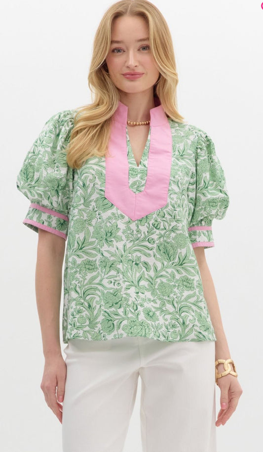 Entro green / pink puff sleeve top