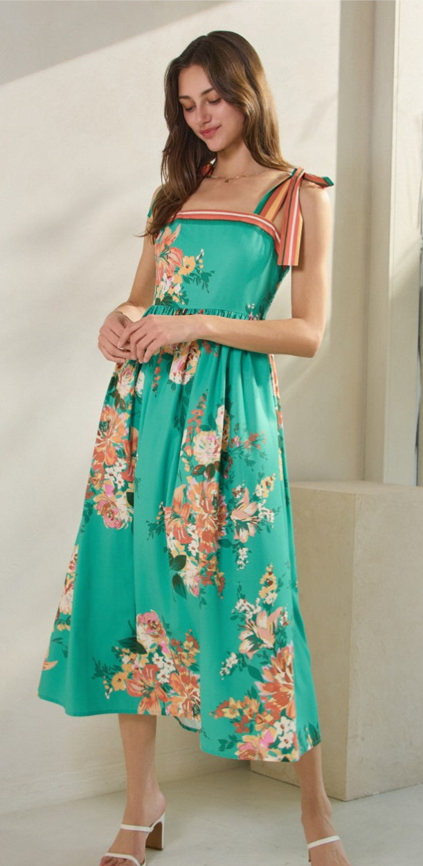 Oddi Floral Printed Midi Dress With Border Band And Should Strap turquoise multi