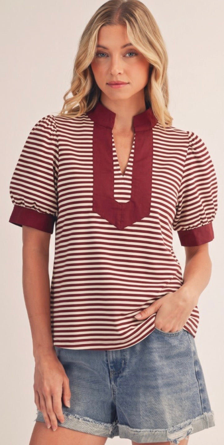 Jodifl Solid Contrast Detail Stripe Top Burgundy