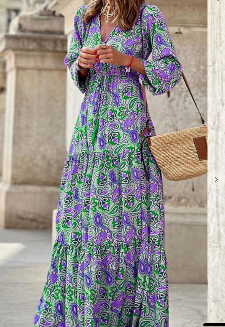 Charmo Floral Long Sleeve V Neck Ruffle Boho Maxi Dress