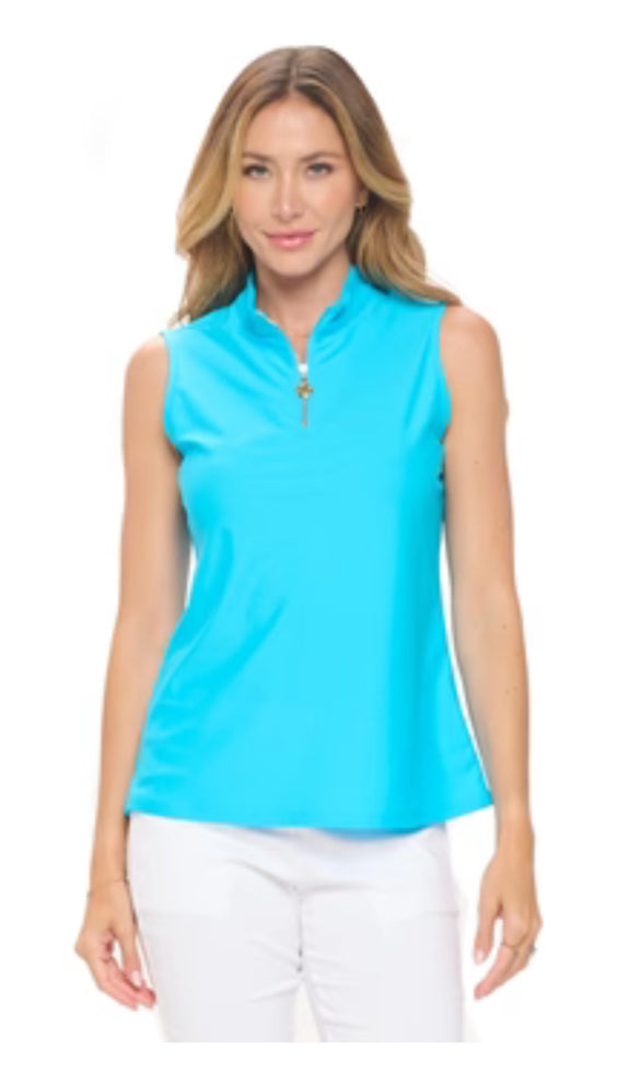 Aryeh sleeveless front zip top sky blue