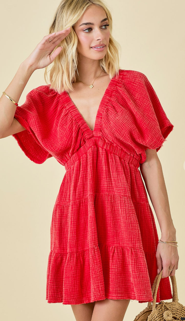 Day + Moon Washed Red Cotton Gauze V Neck Tiered Dress W Tie Detail At Back