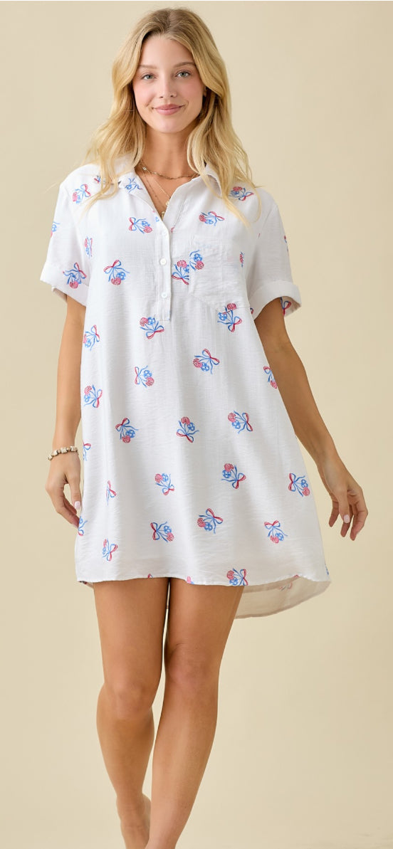 Day + Moon Cherry Americana Button Down Shirt Dress With Pockets