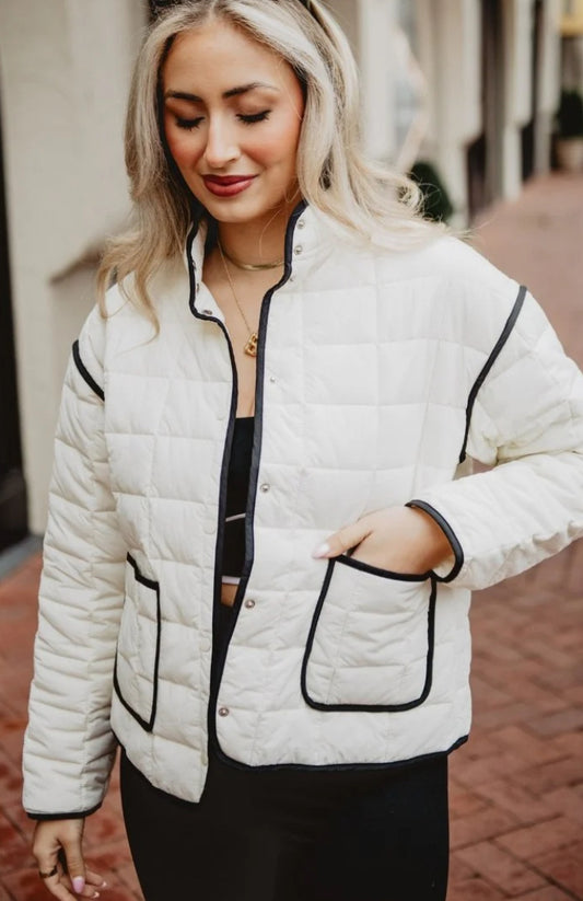 Katydid White Quilted Trim Jacket With black Piping