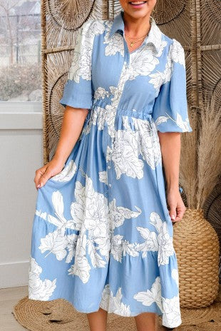 Shewin Floral Print Ric Rac Trim Puff Sleeve Dress
