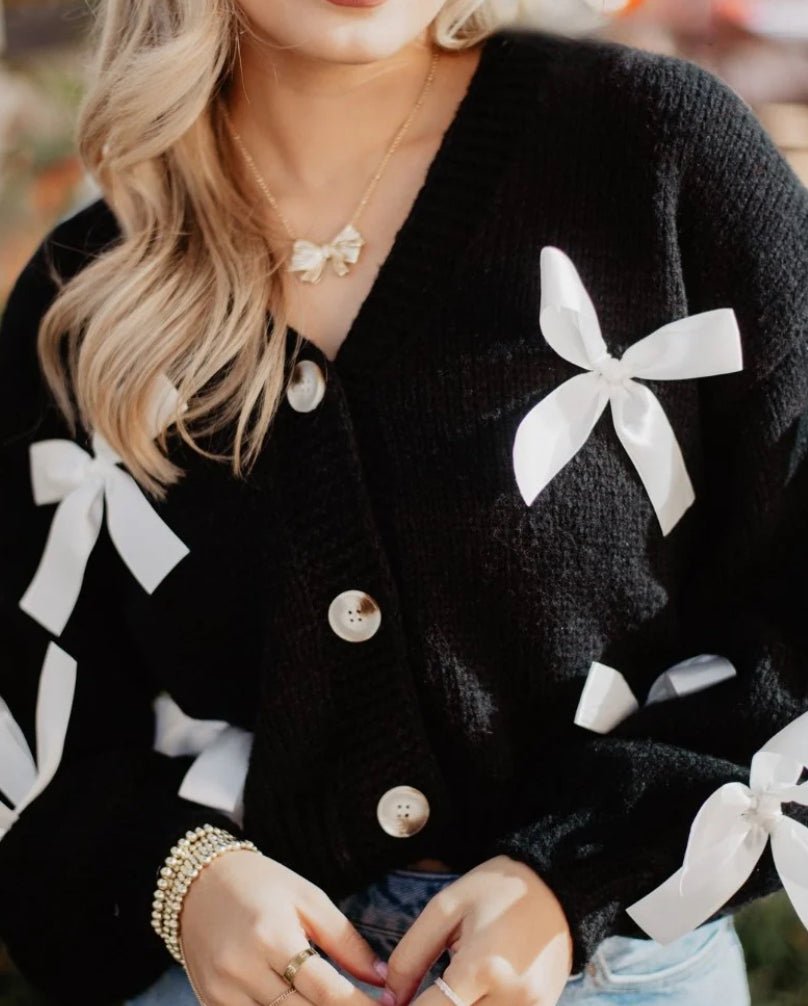 Katydid Satin Bow Long Sleeve Knit Cardigan