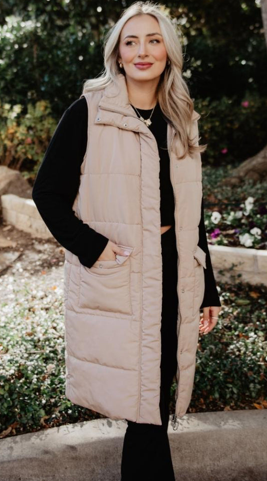 Katydid Long Quilted Puffer Vests Tan