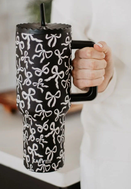 Katydid Black & White Bows All Over 38oz Tumbler With Lid Handle