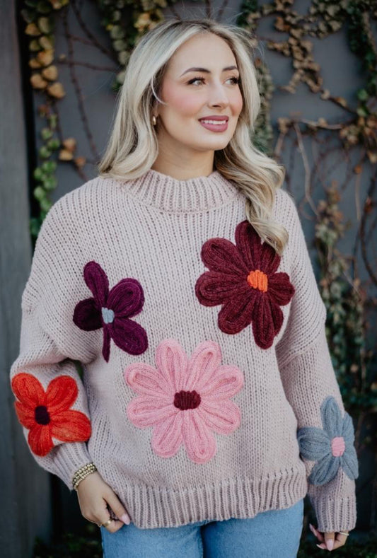 Katydid Tan Floral Warm Fall Stitched Sweater