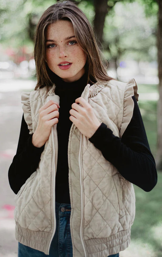 Katydid Garment Washed Quilted Ruffle Sleeve Vests Beige
