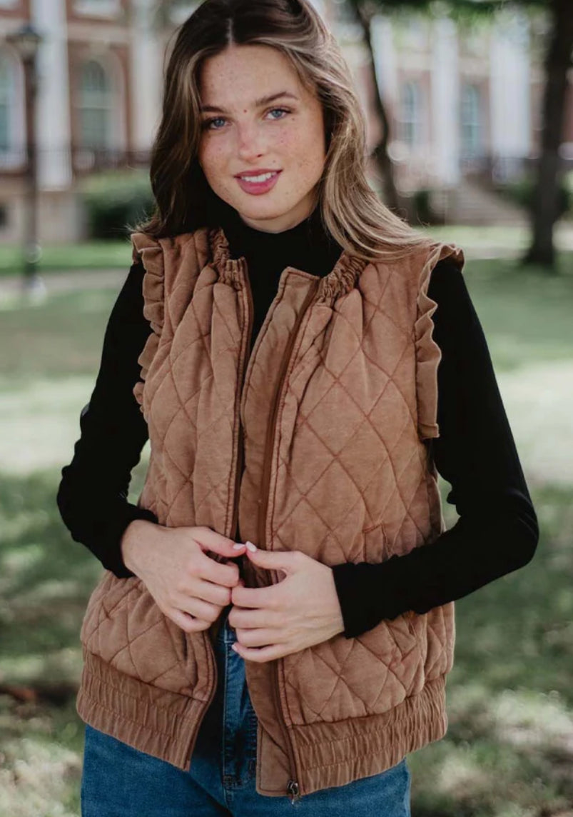 Katydid Garment Washed Quilted Ruffle Sleeve Vests Brown