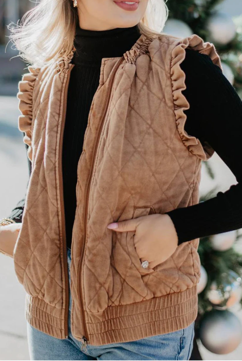 Katydid Garment Washed Quilted Ruffle Sleeve Vests Brown