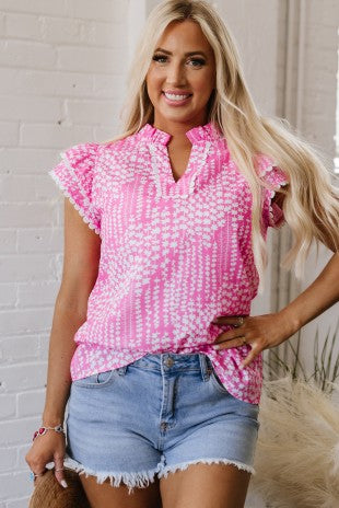 Babs + Birdie Abstract Flutter Sleeve Notch V Neck Blouse Pink
