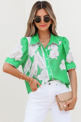 Babs + Birdie Floral Puff Sleeve Button Up Summer Blouse Green
