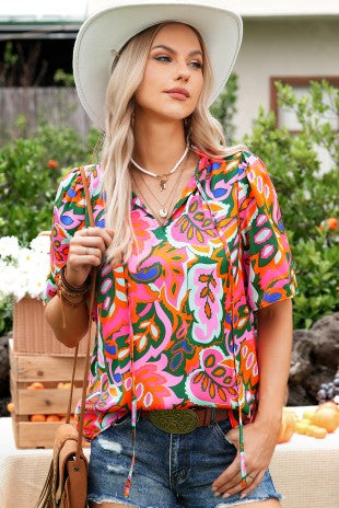 Plant Print Lace Up V Neck Short Sleeve Blouse