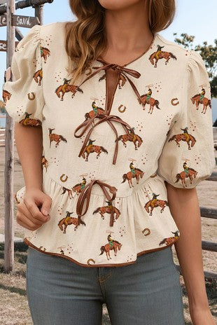 Cowboy Print Puff Sleeve Bowknot Babydoll Blouse