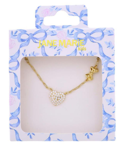 Jane Marie Kids Gold Paperclip Chain Necklace with Clear Crystal Heart with Bow in Chain Accent