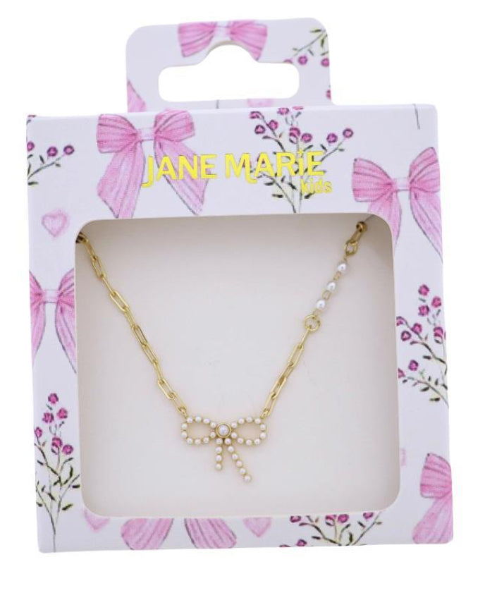 Jane Marie Kids Gold Paperclip Chain Necklace with Pearl Bow and Pearl Accents in Chain