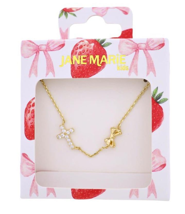 Jane Marie Kids Gold Cable Chain Necklace with Clear Crystal Cross & Bow Accent in Chain