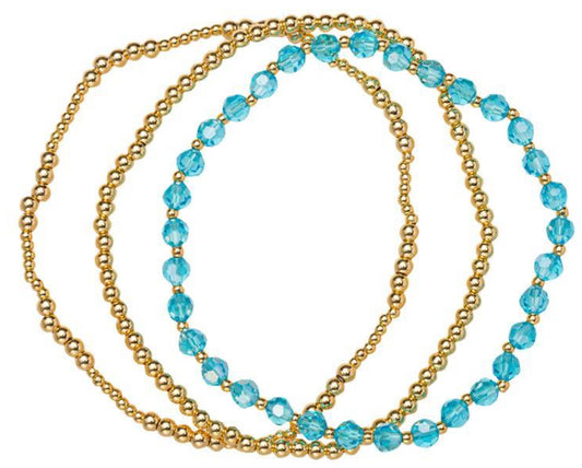 Jane Marie 18K Gold Plated Set of 3, March Aquamarine Beaded Stretch Bracelet