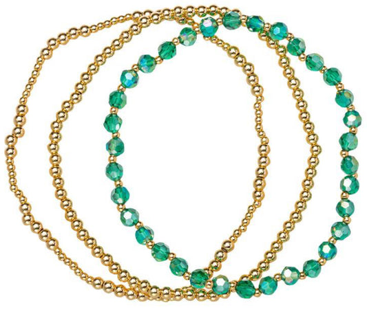 Jane Marie 18K Gold Plated Set of 3, May Emerald Beaded Stretch Bracelet