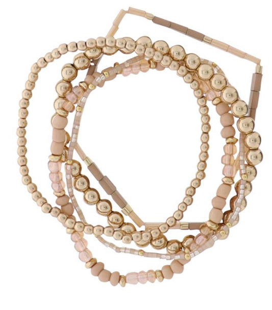 Jane Marie Set of 5 Brown, Gold, Tan Beaded Stretch Bracelet
