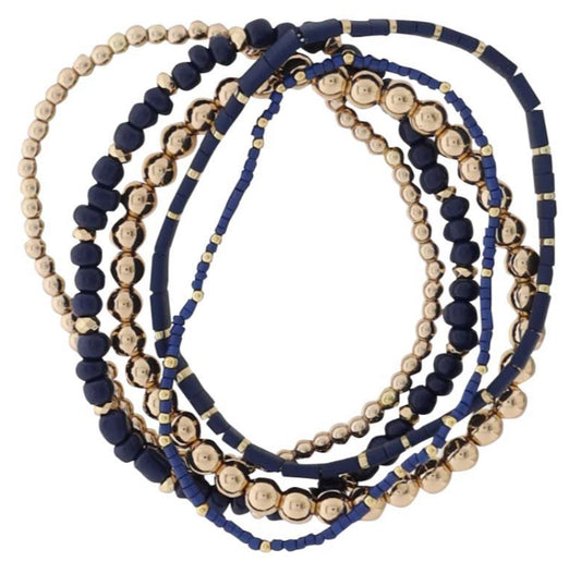 Jane Marie Set of 5 Navy, Gold Beaded Stretch Bracelet