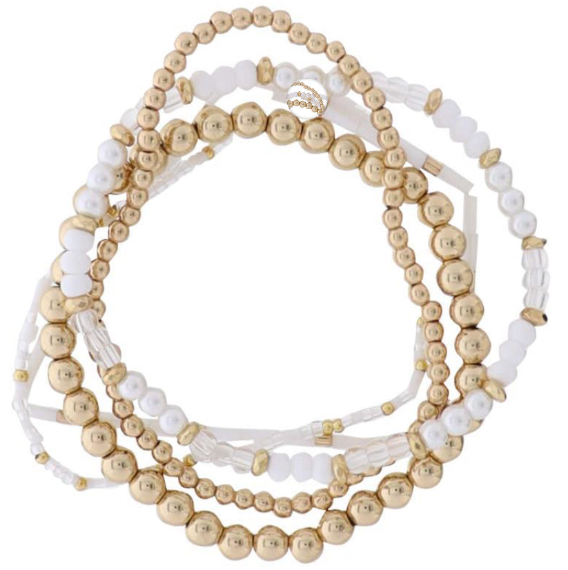 Jane Marie Set of 5 White, Clear, Gold, Pearl Beaded Stretch Bracelet