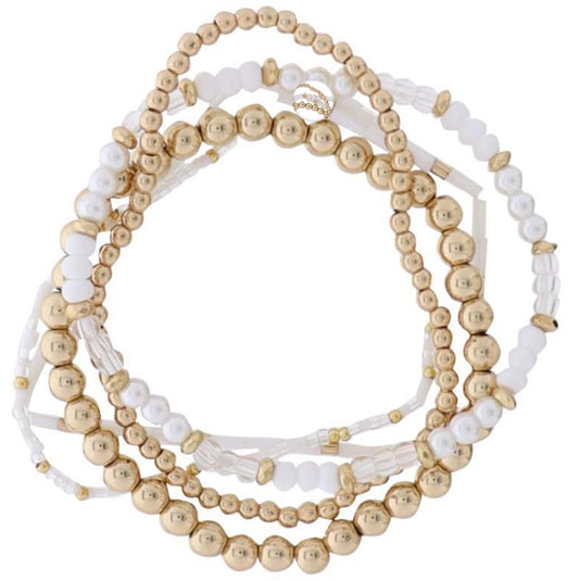 Jane Marie Set of 5 White, Clear, Gold, Pearl Beaded Stretch Bracelet