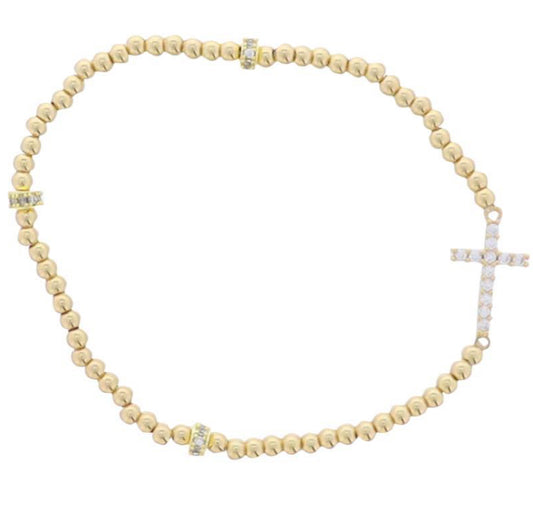 Jane Marie 18K Gold Plated Gold Beaded Stretch Bracelet With Clear Crystal Cross