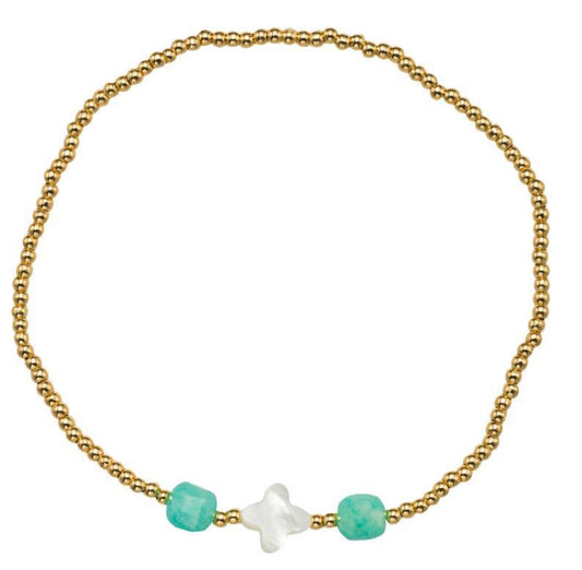 Jane Marie 18K Gold Plated Gold Beaded White Clover Stretch Bracelet With Turquoise Stones