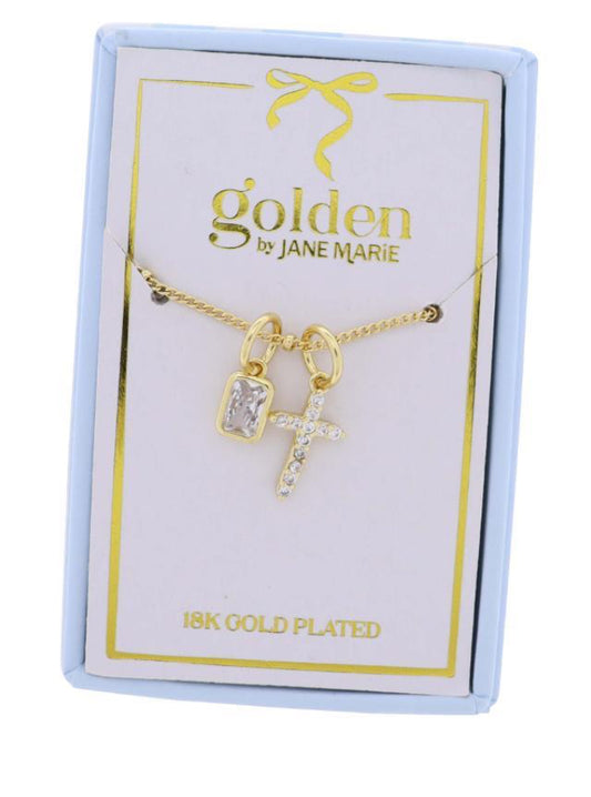 Jane Marie 18K Gold Plated Chain Necklace with Clear Crystal Cross with Crystal Square