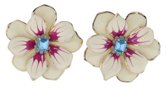 Jane Marie Off White Enamel Large Flower Earring with Light Blue Crystal Center
