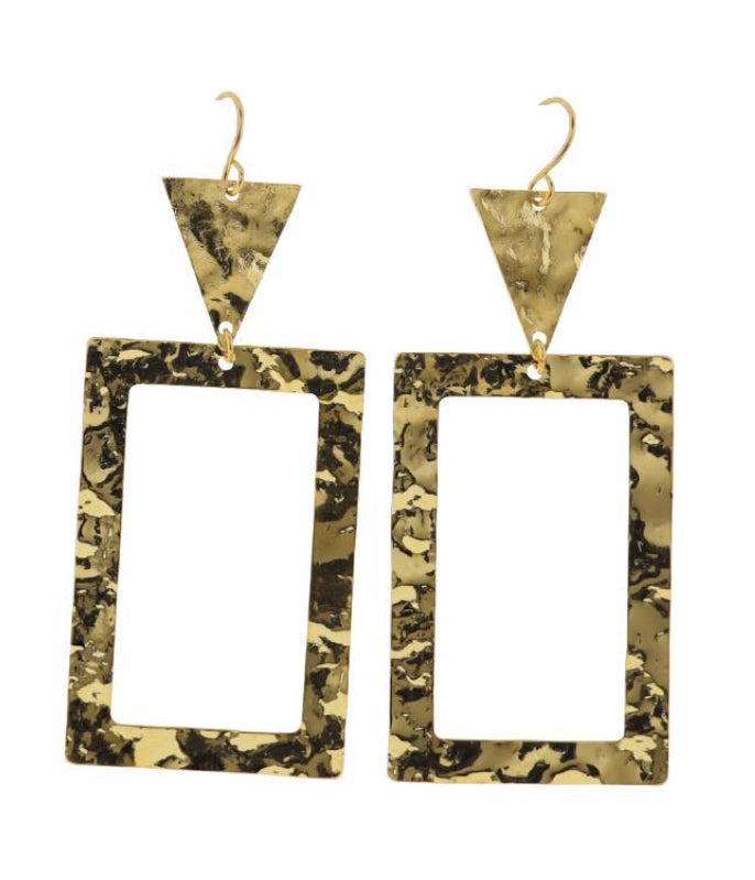 Jane Marie 18K Gold Plated Gold Hammered Triangle Earrings With Gold Hammered Open Rectangle