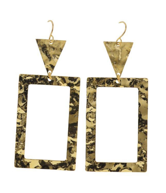 Jane Marie 18K Gold Plated Gold Hammered Triangle Earrings With Gold Hammered Open Rectangle