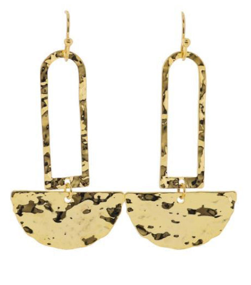 Jane Marie 18K Gold Plated Gold Open Rounded Rectangle Earrings With Gold Hammered Half Circle